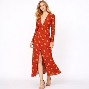 Reformation Rust Red Floral Midi Dress with Mustard Yellow Print